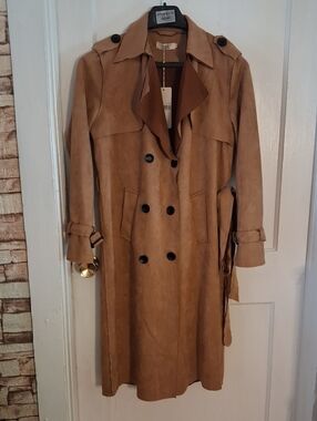 Suede-Effect Tan Trench Coat with Belt Julia Large- Xlarge